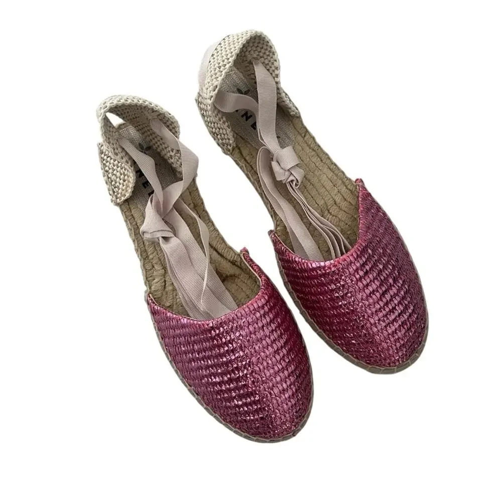 Manebi Valenciana espadrille Mettalic pink Raffia canvas Sz 39 boho chic summer
